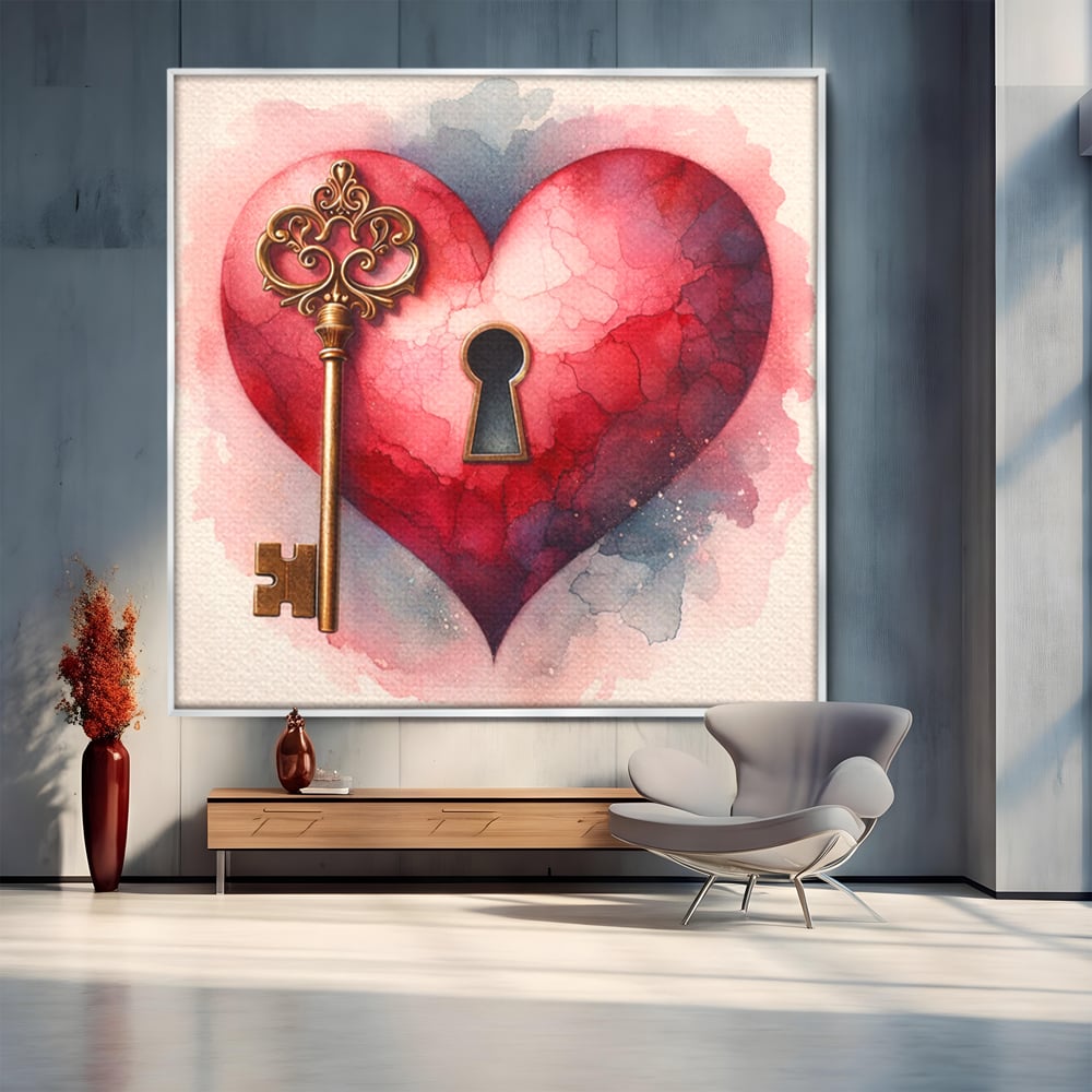 Tablou canvas cu tablou inima cu lacat si cheie, in rama de aluminiu argintiu